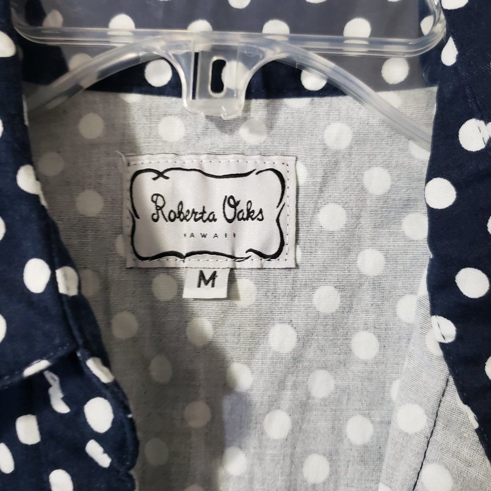 Roberta Oaks Hawaii Button Front Navy Polka Dot Mini Dress, Size Medium - Picture 2 of 5